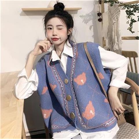 Thick Warm Sweater Vest Women Cartoon Loose Sweet Kawaii Sleeveless V-neck Leisure Knitting Knitwear Jumpers Teenagers Stylish alx