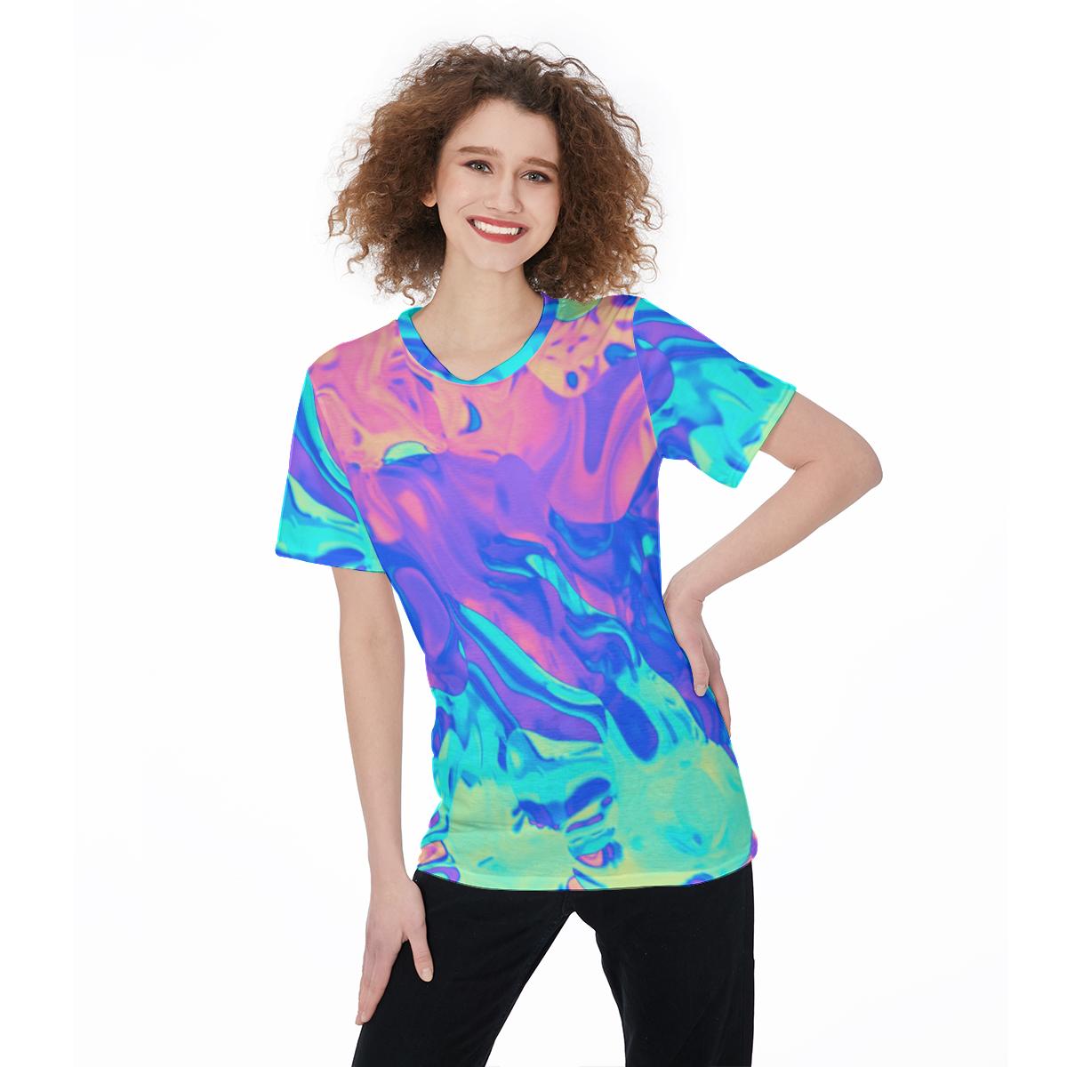 Abstract Holographic Iridescent Cloud Paint Cotton Candy Print Women’S O-Neck T-Shirt