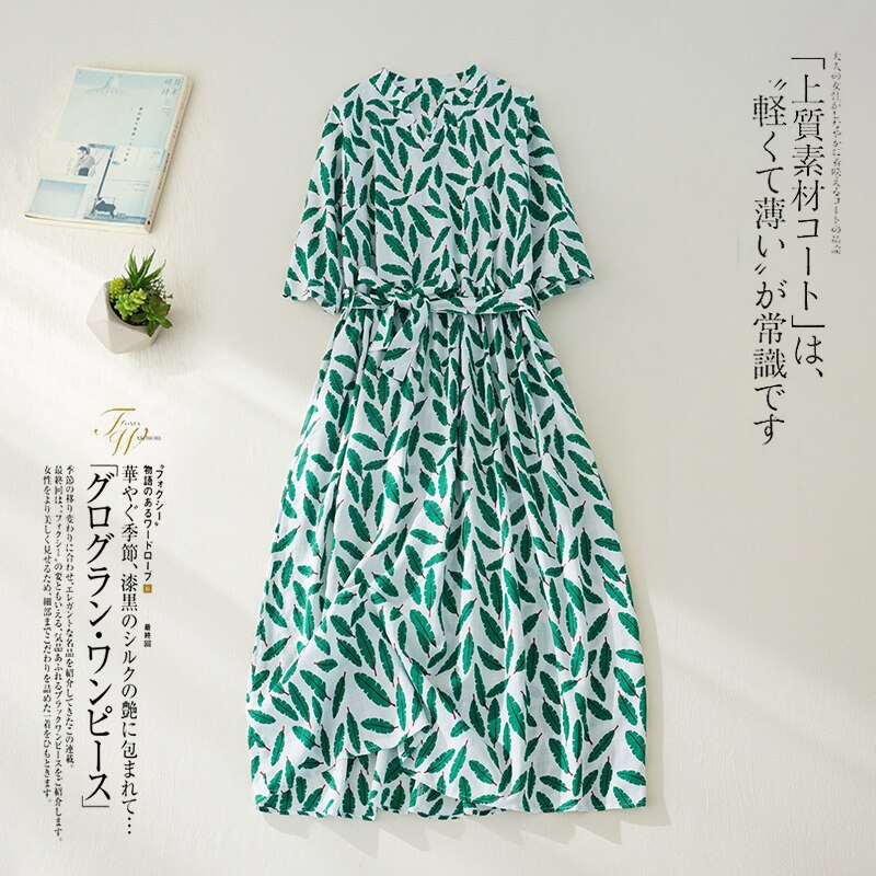 2022 New Print Floral Thin Soft Cotton Linen Loose Cozy Summer Dress Belt Slim Office Lady Work Dress Women Travel Casual Dress alx