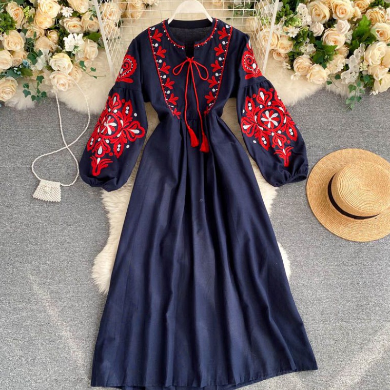 Bohemian National Style Embroidered Flower Round Neck Lantern Sleeve Pleated Loose Show Thin Chinese Style Dress Woman alx