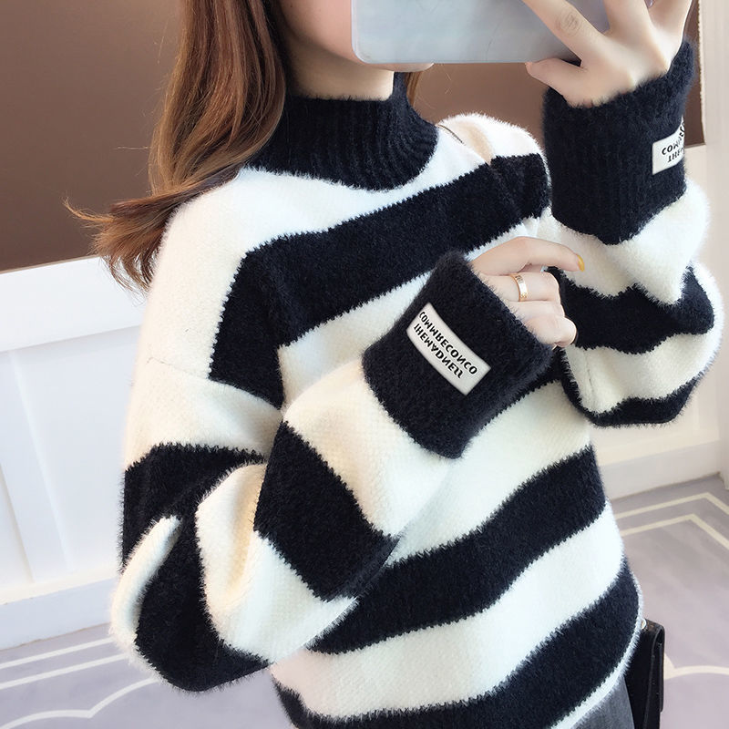 Woman Sweaters Chandails Mink Sweater Turtleneck Pullover Women’s Loose Striped Moon alx