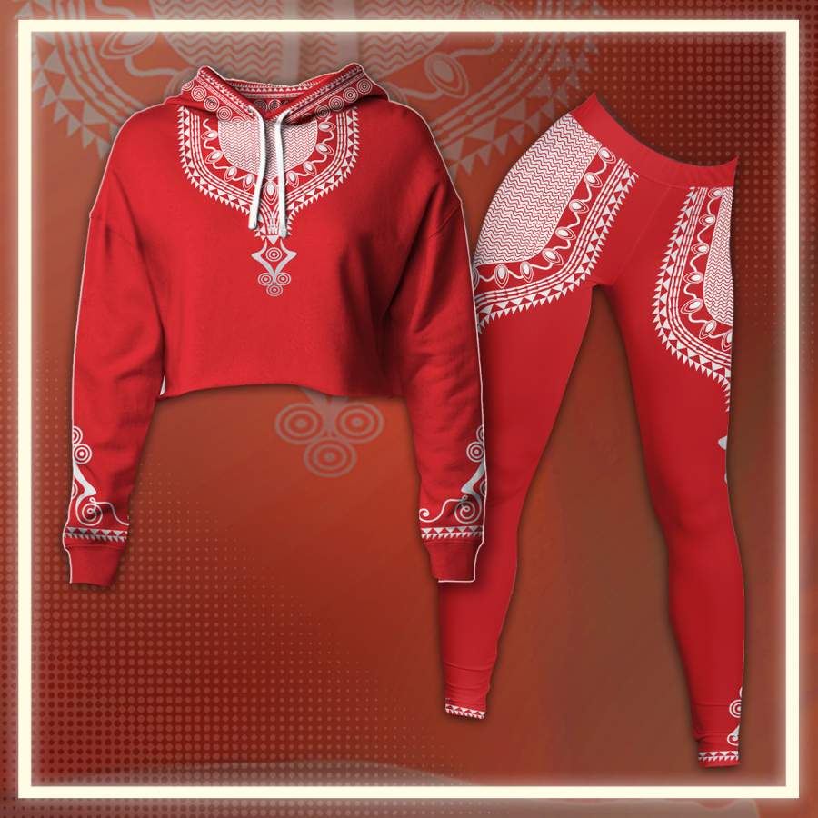 Dashiki Color Red Cropped Hoodie & Leggings Set