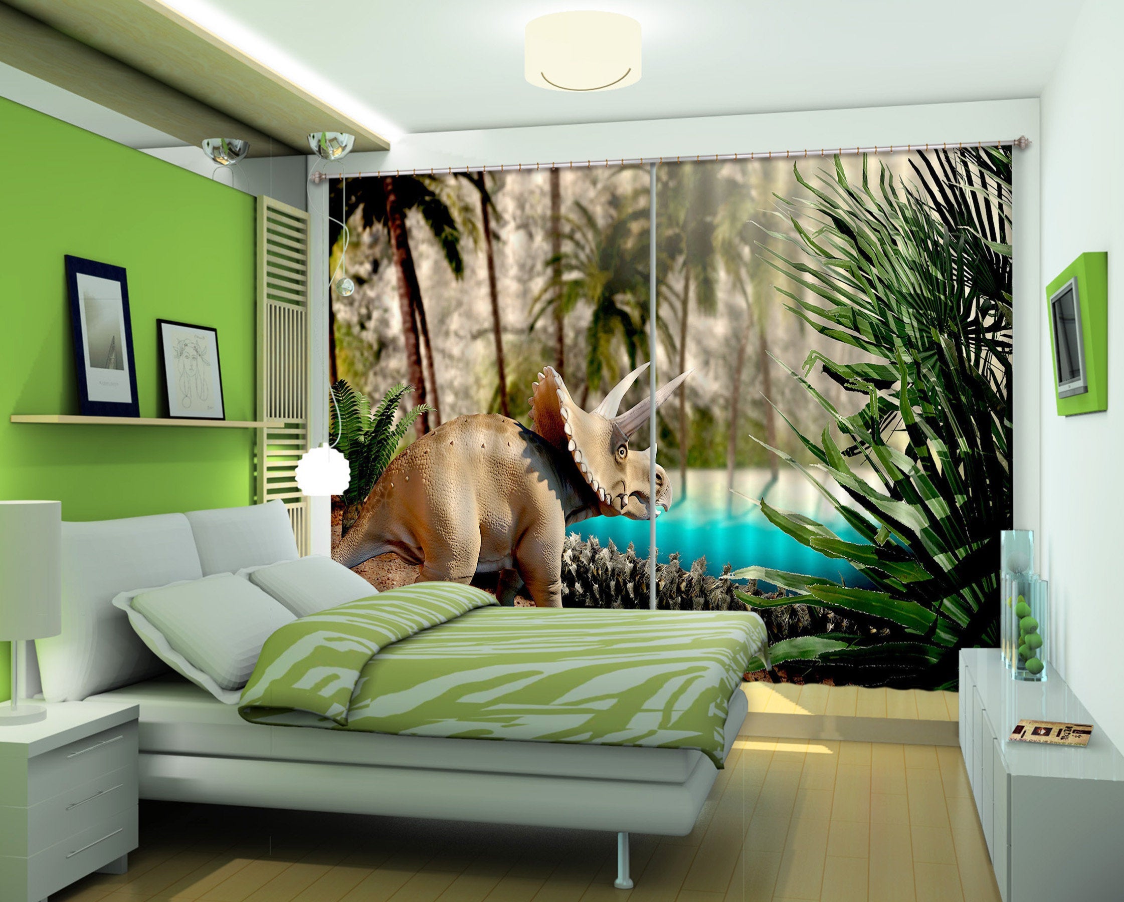 3D Dinosaur With Trees C031 Blockout Photo Curtain Print Curtains Drapes Fabric Window | 3D Large Photo Curtain, Jess Art Decoration Wallpaper