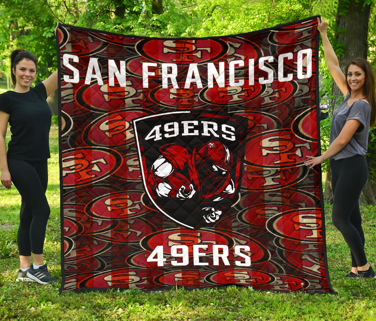 San Francisco American Football 49Ers Football Ers Player On Shield Sf Coin Doodle Premium Quilt Blanket