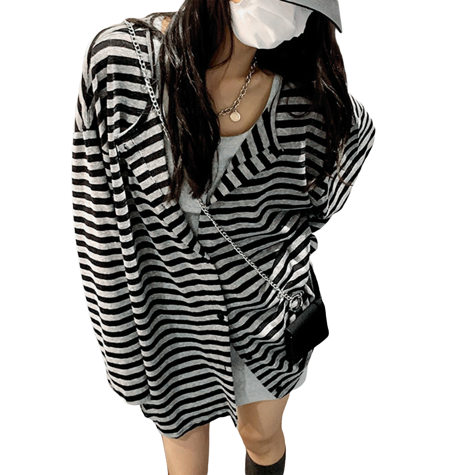 Women’s Striped Print Cardigan 2022 Winter Fall Casual Long Sleeve Striped Button Down Loose Tops Outwear Coats Plus Size M-2XL alx