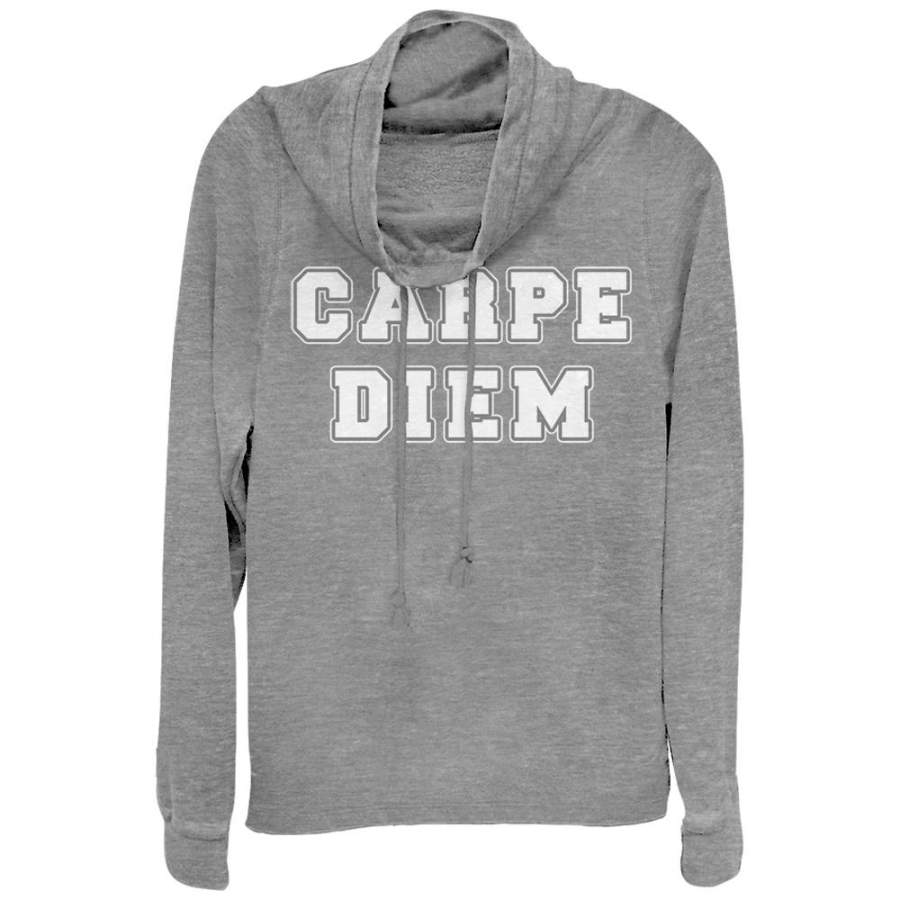 CHIN UP Junior’s Carpe Diem Motto  Cowl Neck Sweatshirt Gray Heather