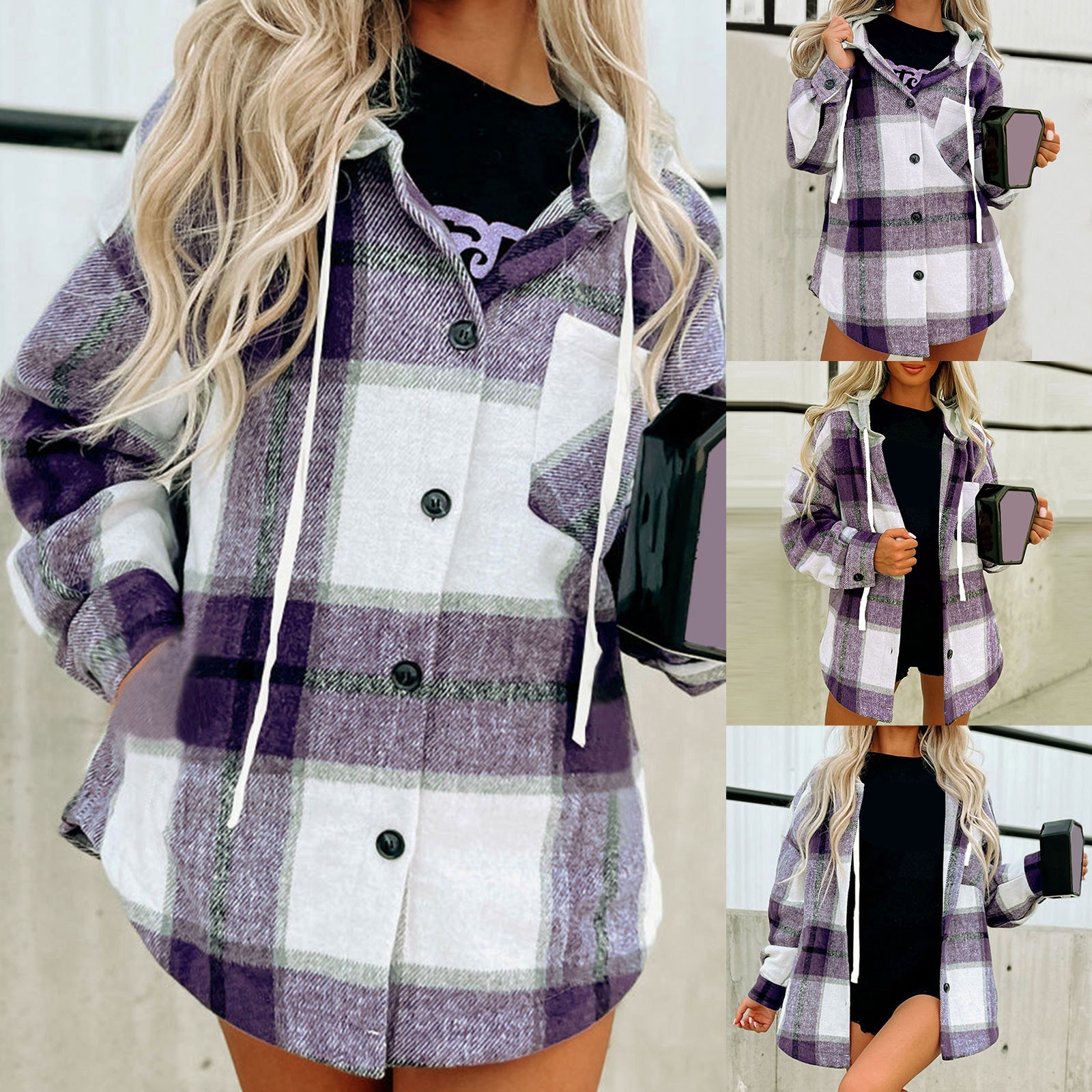 Women Casual Plaid Print Button Long Sleeve Hooded Sweatshirt Strap Pocket Shirt Coat alx