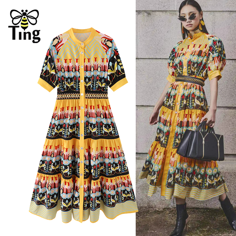 Tingfly Vintage Elegant Floral Print Pleated A Line Party Dinner Dress 2022 Summer Ruffle Sleeve Midi Long Elbise Princess alx