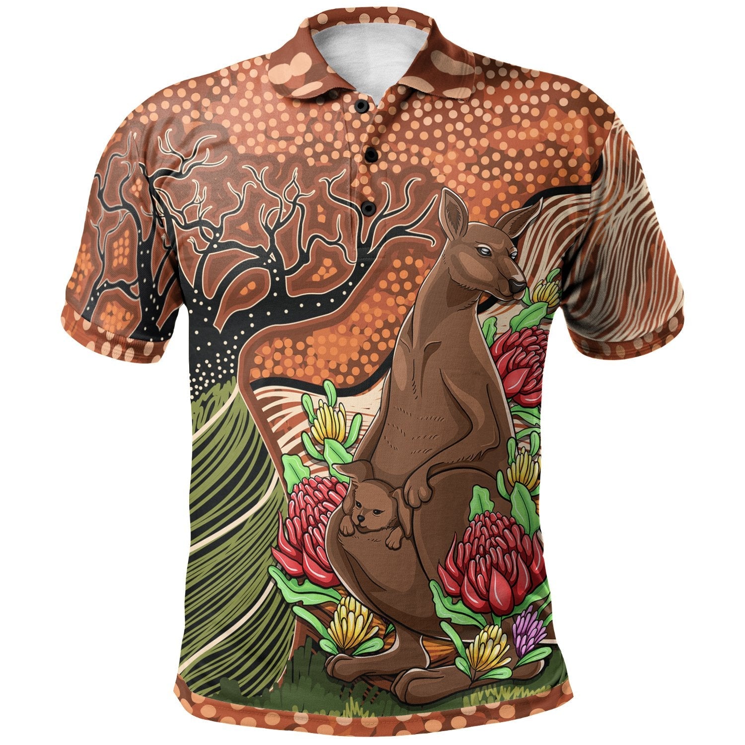 Aboriginal Polo – Kangaroo With Indigenous Tree Polo Shirt – BRANDAX