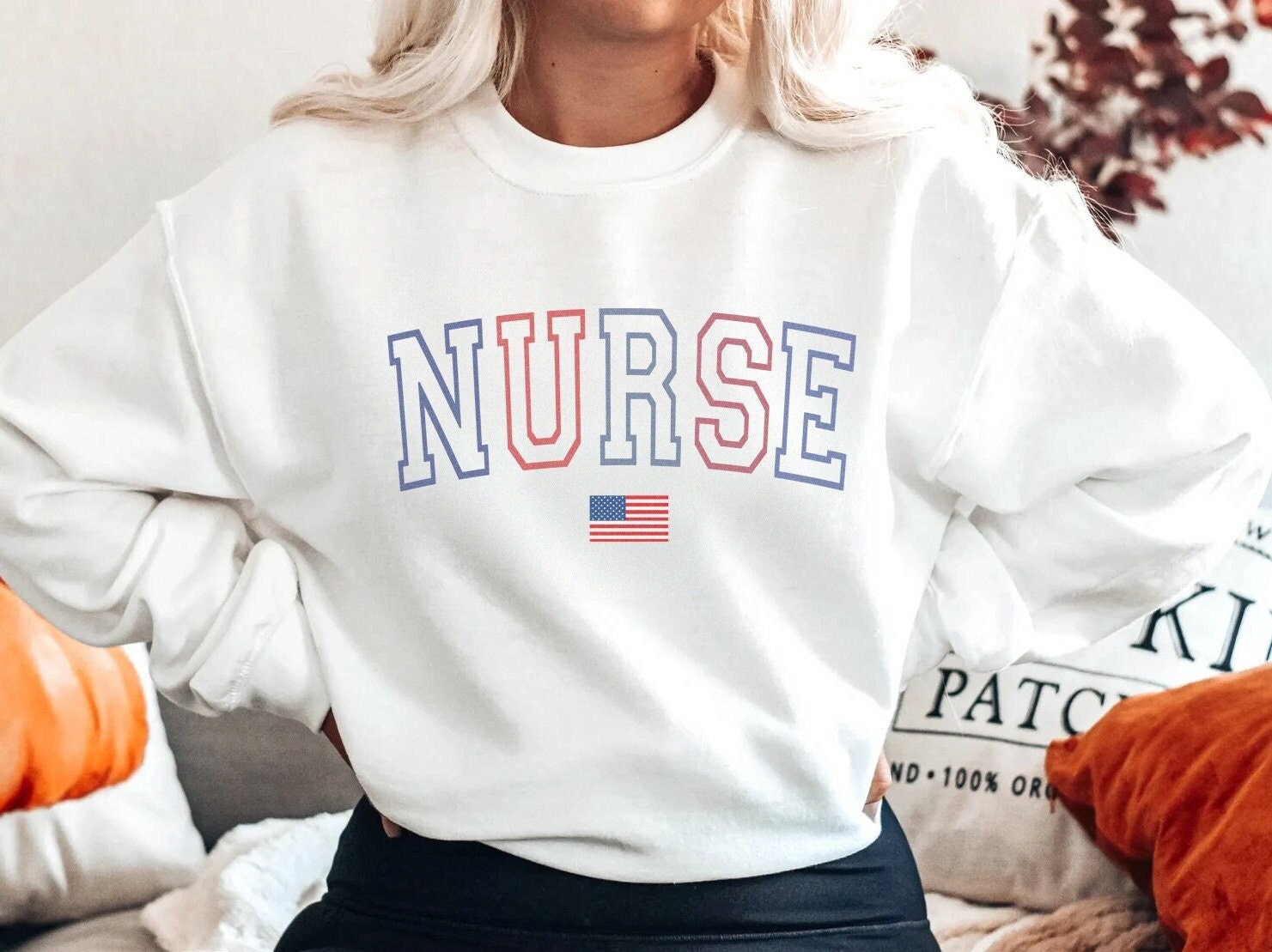 Varsity Nurse Letterman 4th of July Sweatshirt, Independence Day Nurse Crewneck Sweater, Patriotic July Fourth Collegiate Shirt