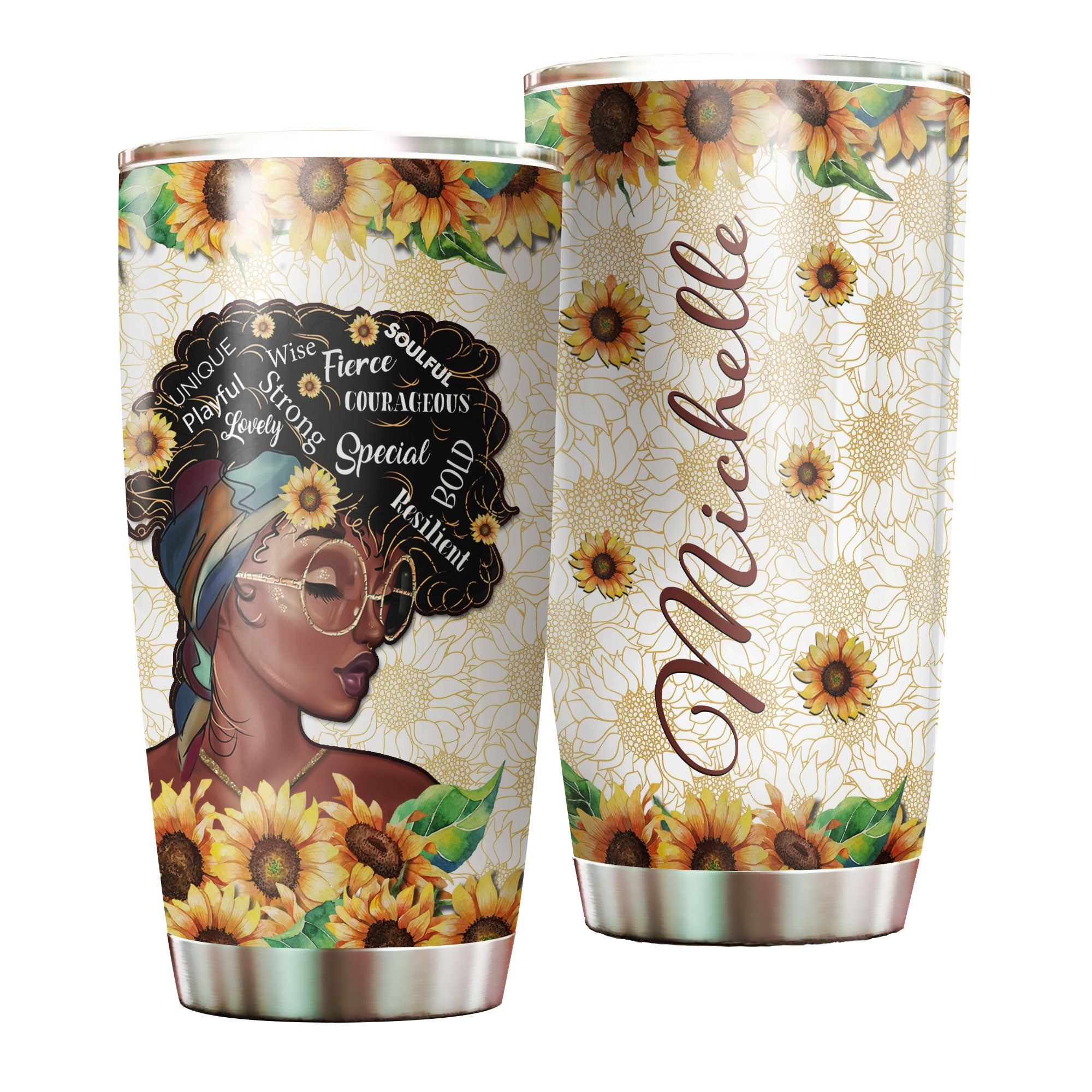 Personalized Black Women Sunflower Stainless Steel Tumbler – Double-Walled Insulation Vacumm Flask – Gift For Black Queen, International Women’S Day, Hippie Girls