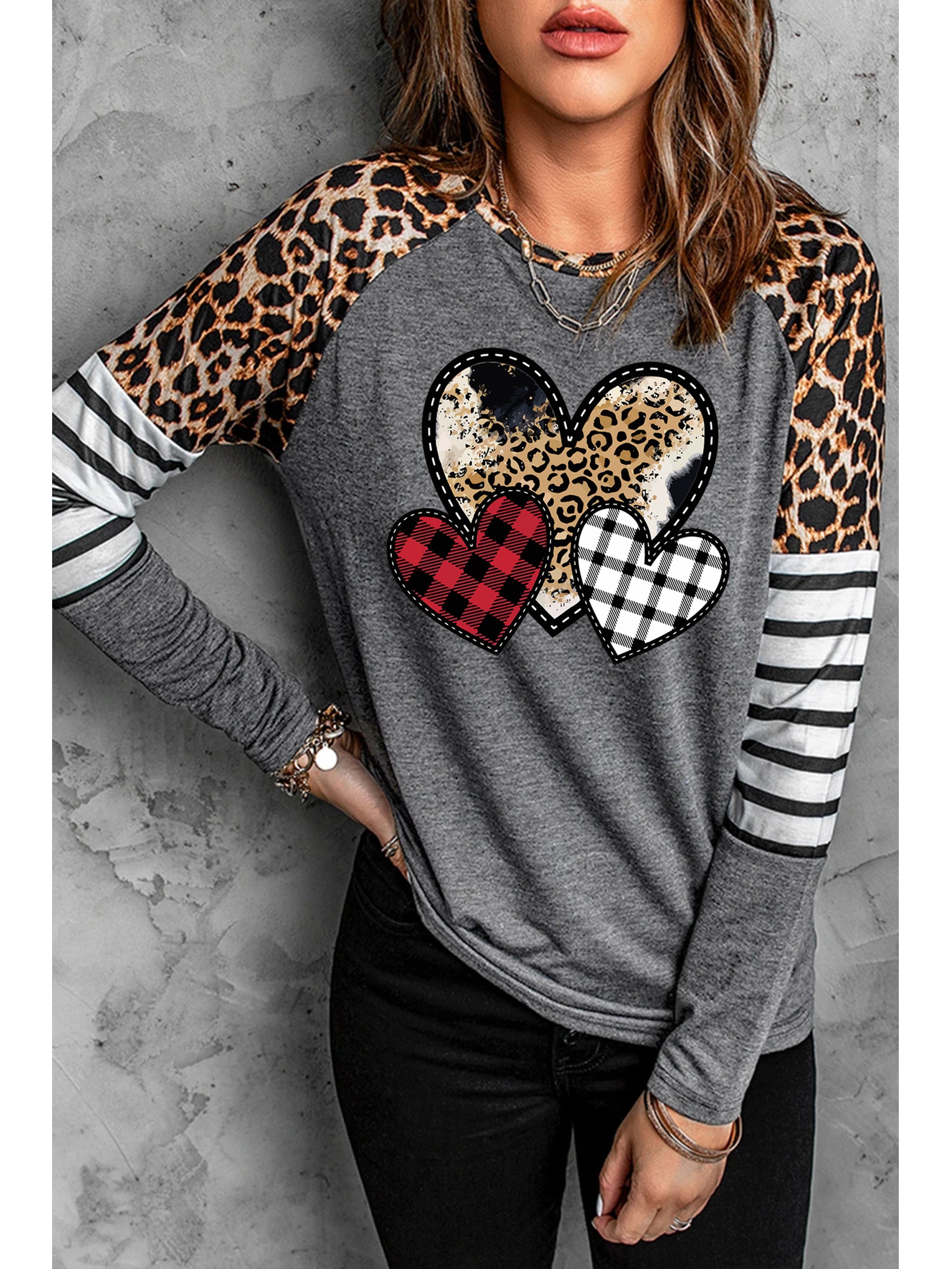 Valentine Heart Leopard Patchwork Striped Plaid Long Sleeve Top Gray