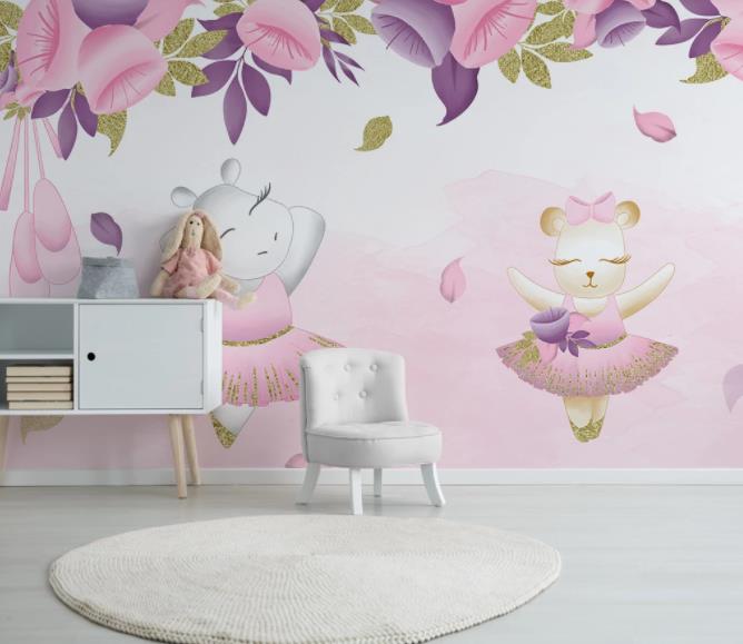 3D Cartoon Rabbit Flower Pink Wall Mural Wallpaper 238