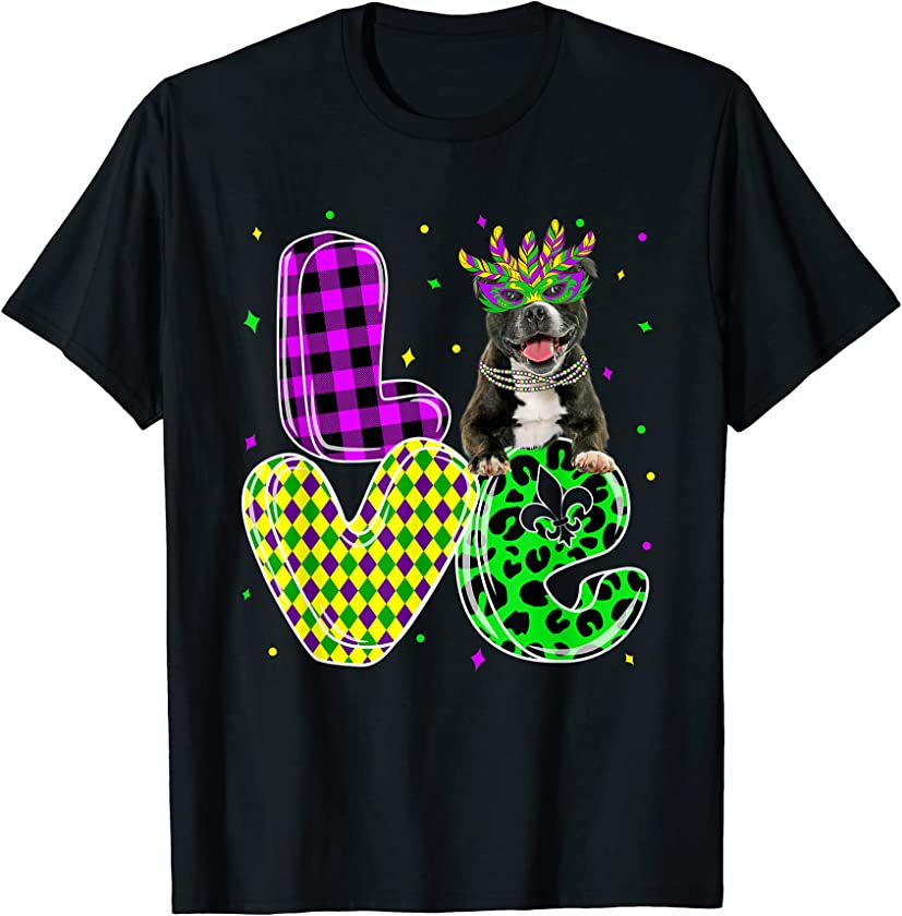 Cute Love Pitbull Dog Mask Plaid Leopard Mardi Gras T-Shirt