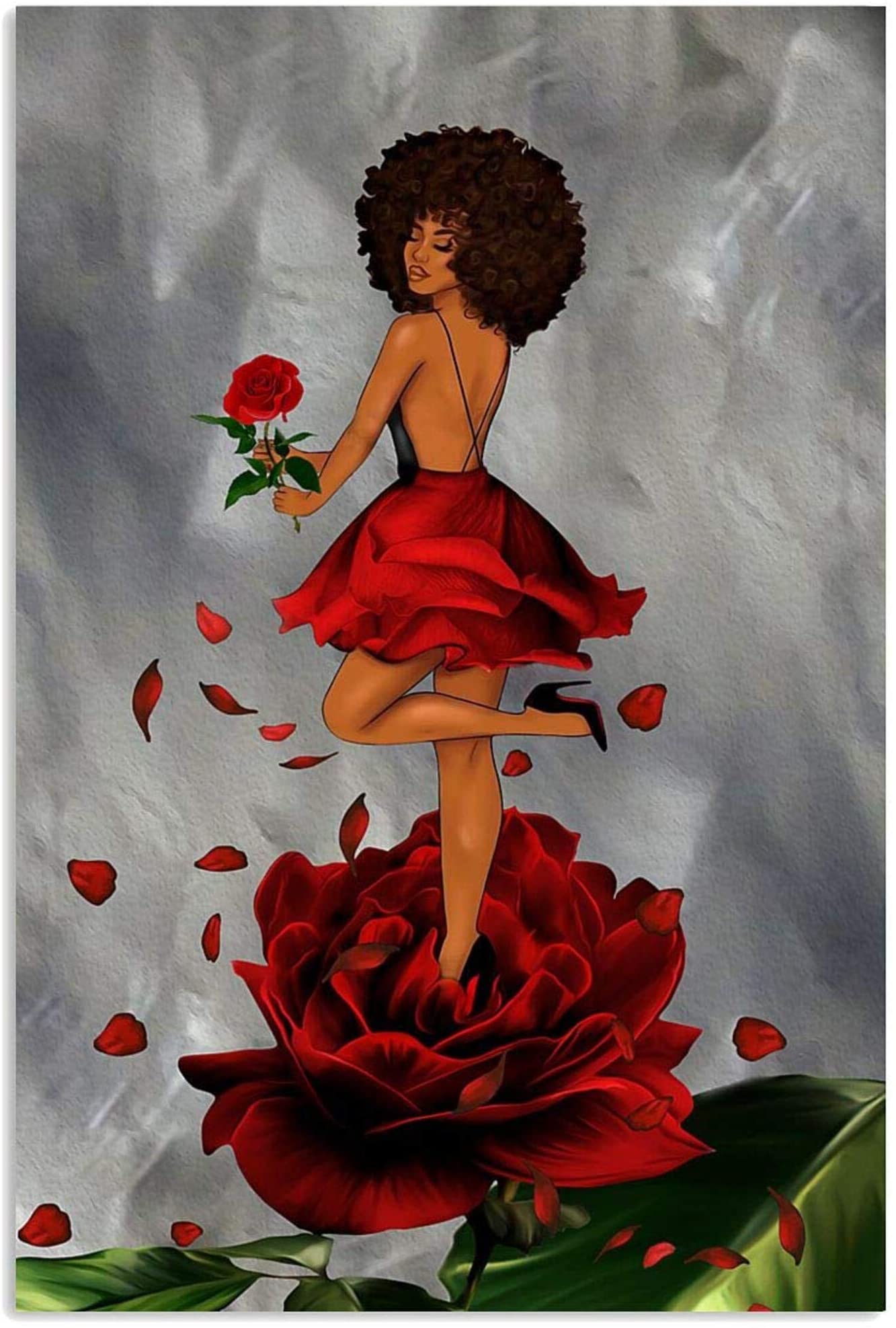 Skitongifts Poster No Frame, Black Girl On Rose Beautiful Strong Curly Hair Brown Melanin, Wall Art Decor