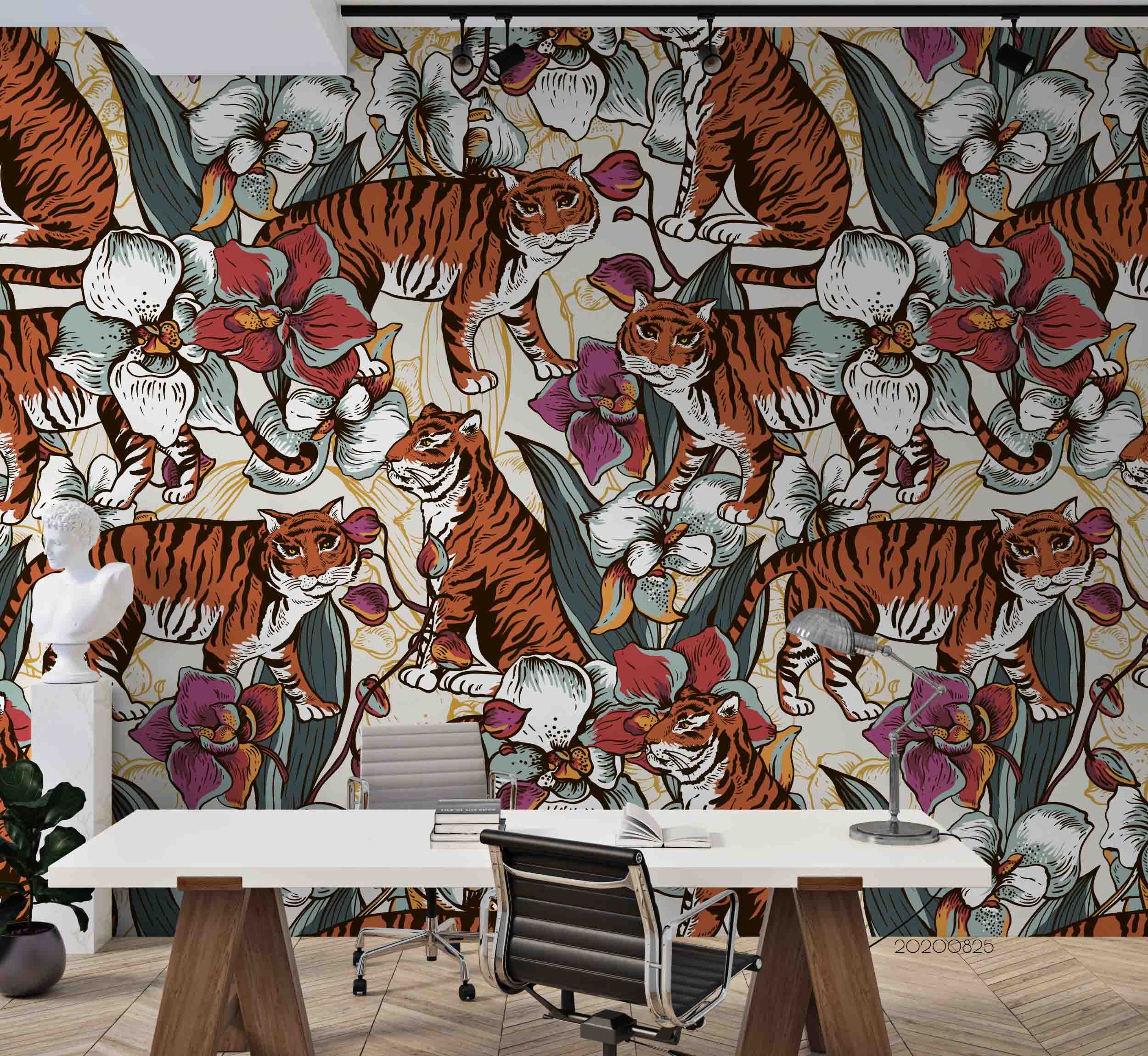 3D Hand Drawn Animal Tiger Floral Wall Mural Wallpaper Lqh 78