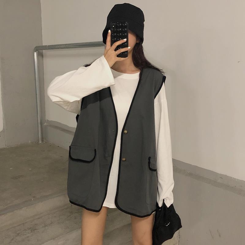 Vests Women Loose Simple Autumn Ulzzang Retro Unisex Single Breasted Casual Sleeveless Outerwear Basic Clothing Popular Female alx