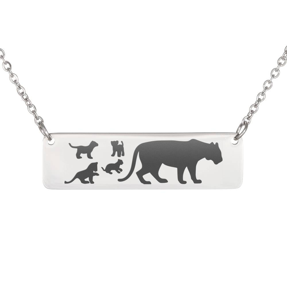 Animal Mom And Baby Necklace – Lion Pendant – Horizontal Bar Necklace – Engraved Animal Necklace (4 Cubs)