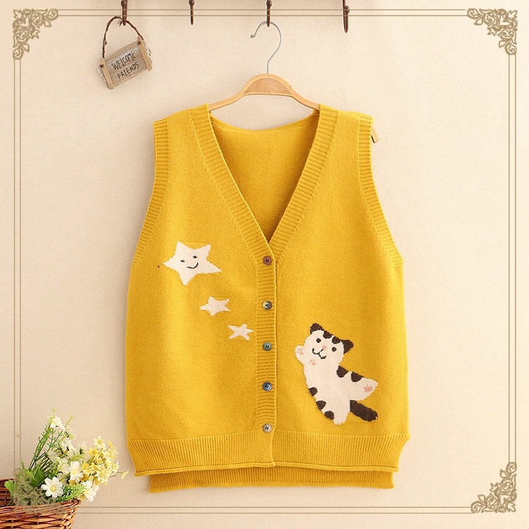 Women Kawaii Yellow Sweater Vest V Neck Cartoon Cat Wool Knitted Cardigan Cute School Girl Loose Sleeveless Sweater Pink Red alx