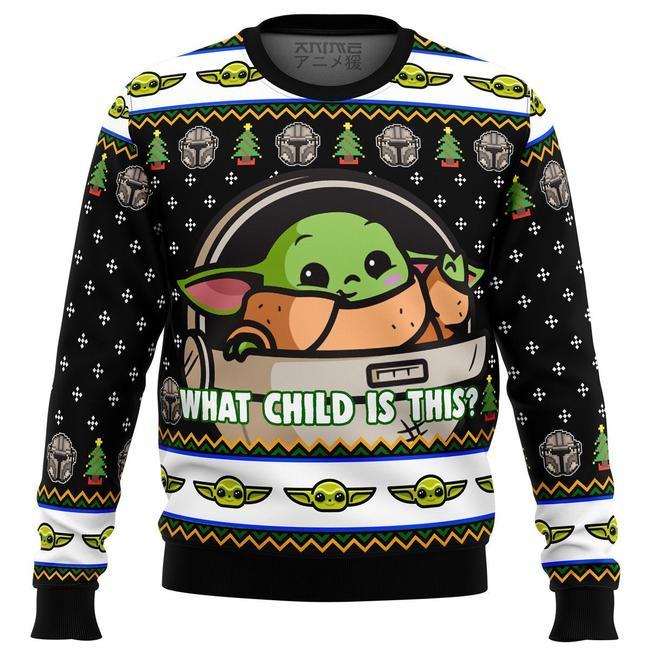 Unifinz Sw Christmas Sweater Grogu What Child Is This Green Black Ugly Sweater 2022