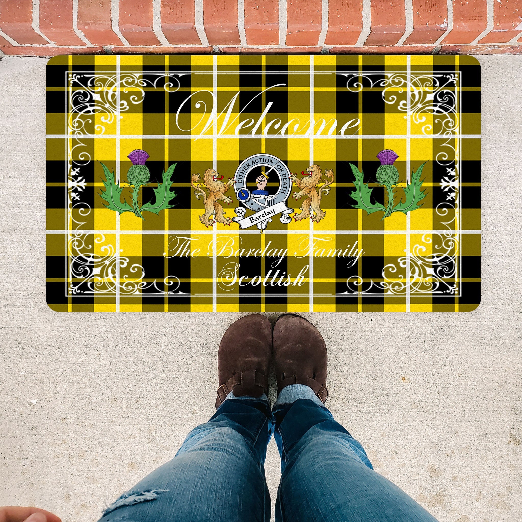 Scotstee Shop Tartan Door Mats Clan Barclay Badge Tartan Thistle And Two Lion Scottish Plaid Doormat, Christmas Door Mat Gift