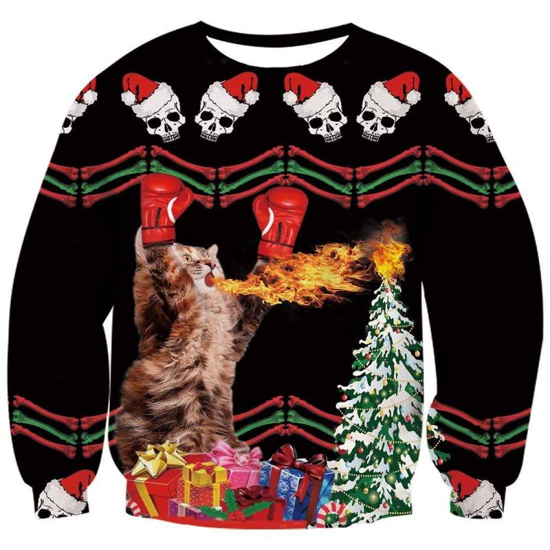 Angry Fire Cat Ugly Xmas Sweater – Sporting Animal Boxing Black Pullover Polyester/ Spandex Jumper