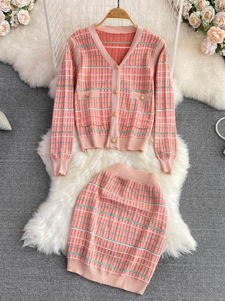 Autumn Winter Women’s Knitted Set Fashion Loose Plaid Knitting Cardigans Sweater + Mini Skirt Female Casual Two Pieces Sets alx