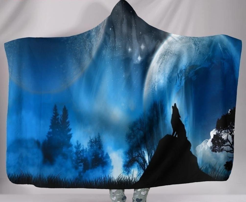 Wolf Blue Moon Plush Lined Wearable Hooded Blanket