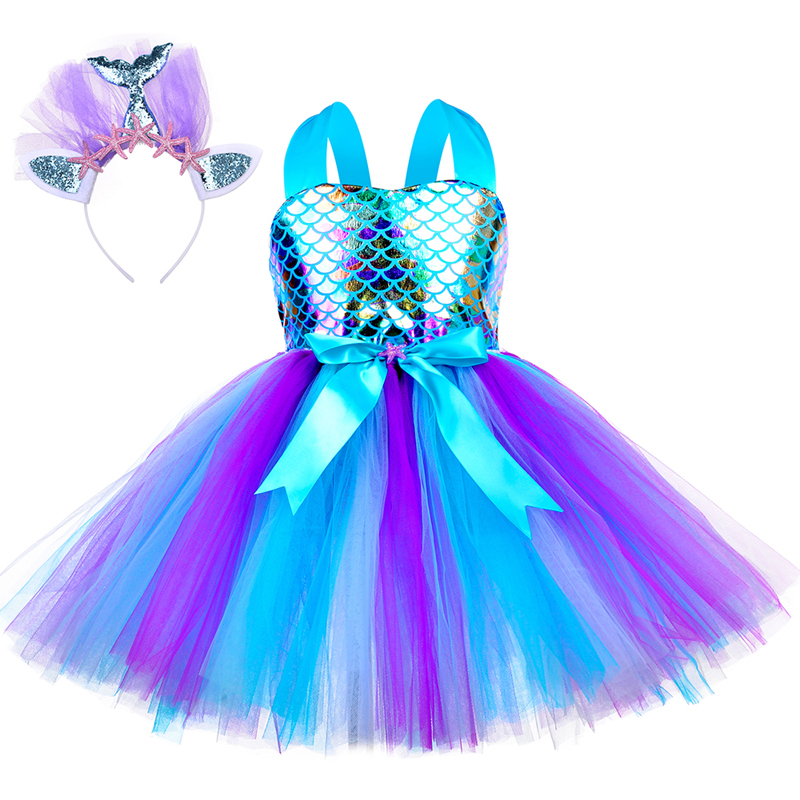 Turquoise Mermaid Costume for Girls Princess Birthday Party Dress Baby Girl Halloween Costume Kids Tutus Outfit Children Clothes alx