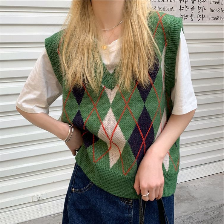 Sweater Vest Women England Style Elegant Preppy Spring Autumn Warm All-match Knitted Argyle Lady Vintage Trendy Sleeveless Chic alx