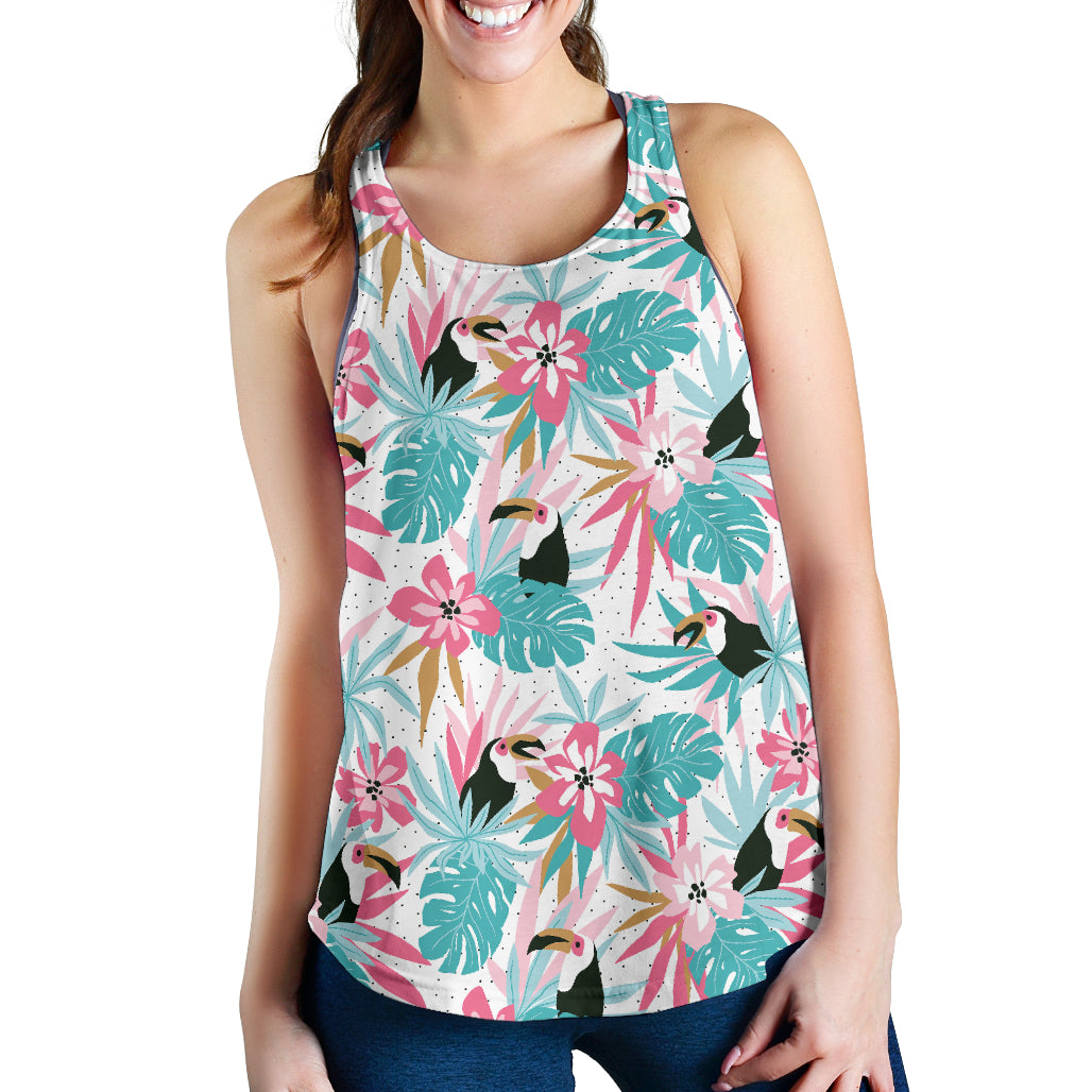 Toucan Tropical Flower Leave Pattern Women Racerback Tank Top