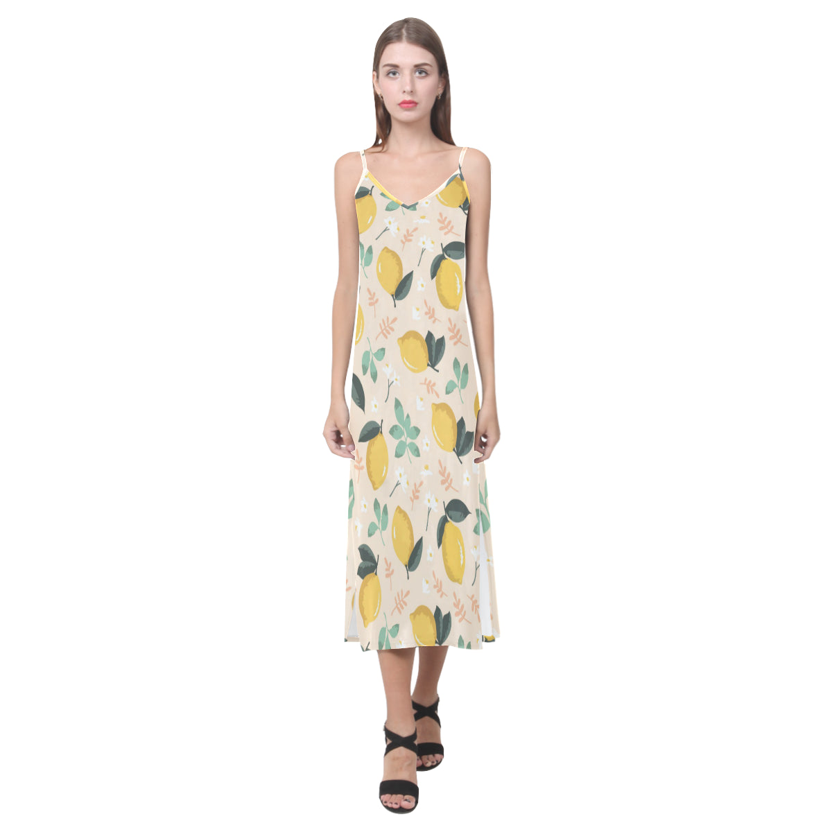 lemon flower leave pattern V-Neck Open Fork Long Dress