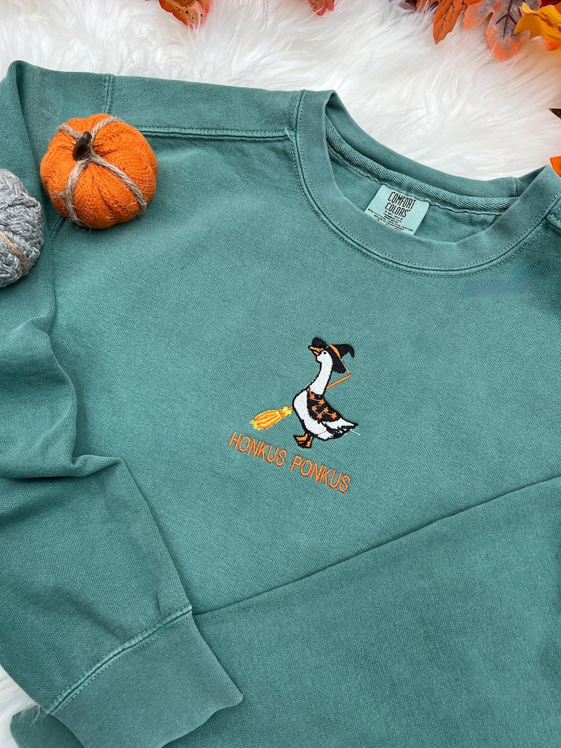 Embroidered Goose Witch Halloween Sweatshirt Crewneck Sweatshirt All Over Print Sweatshirt For Women Sweatshirt For Men Sws2477