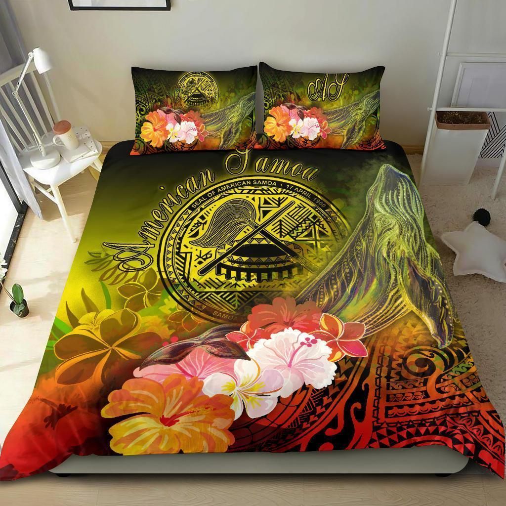 Alohawaii Bedding Set – Cover And Pillow Cases American Samoa Polynesian – Humpback Whale With Tropical Flowers – Bn18