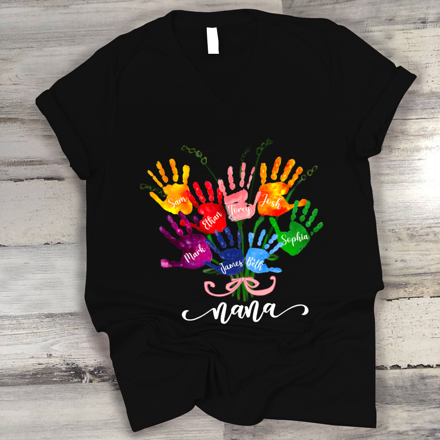 Nana And Grandkids Flower Colorful Hands V-Neck