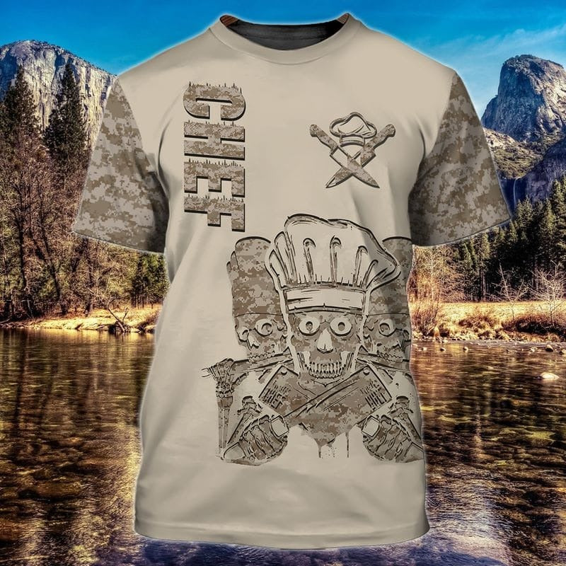 Master Chef Skull Shirt, 3D All Over Print Skull Chef T Shirt Camo Pattern, Best Gift For A Chef