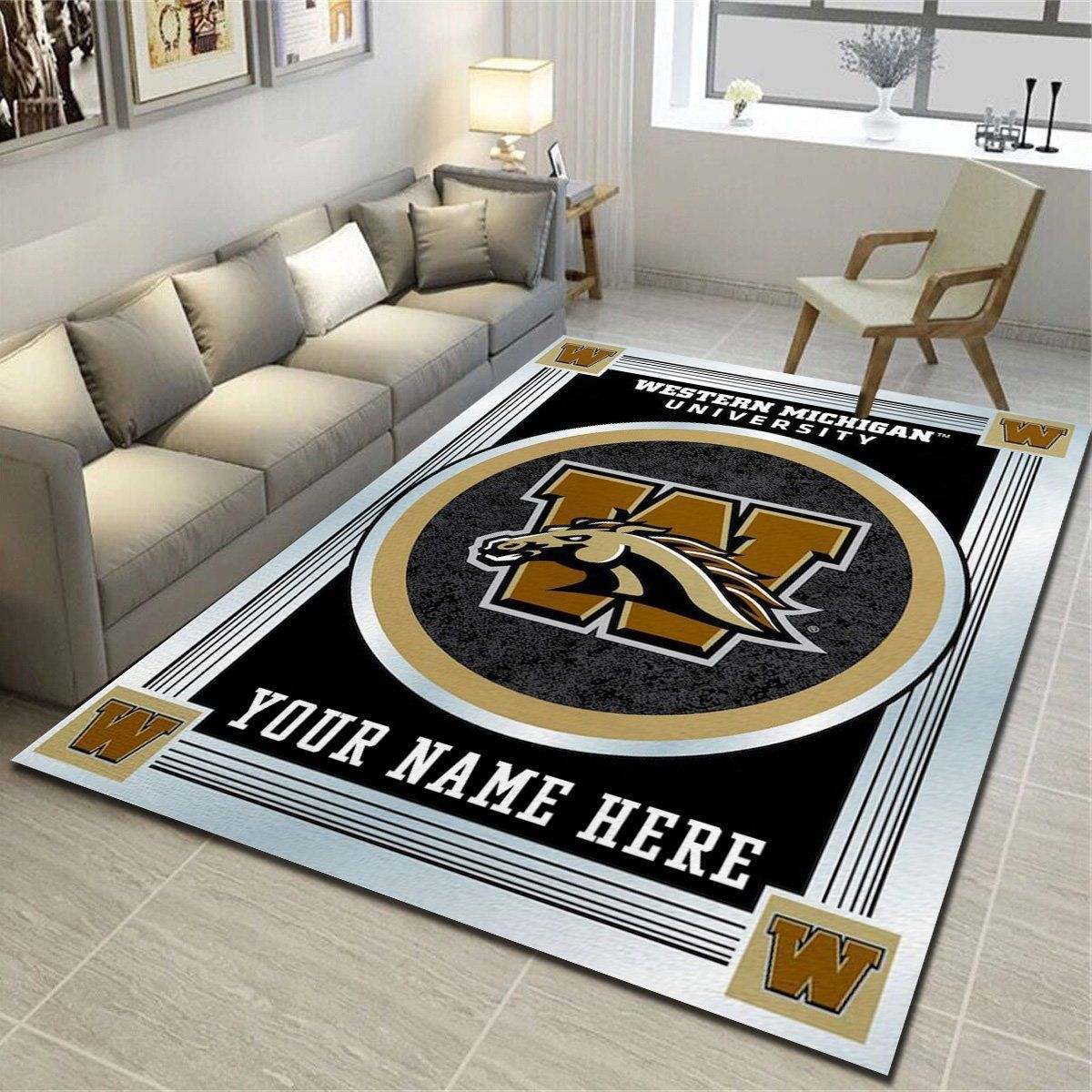 Western Michigan Broncos Personalized Area Rugs, Team Living Room Carpet, Customized Man Cave Floor Mat