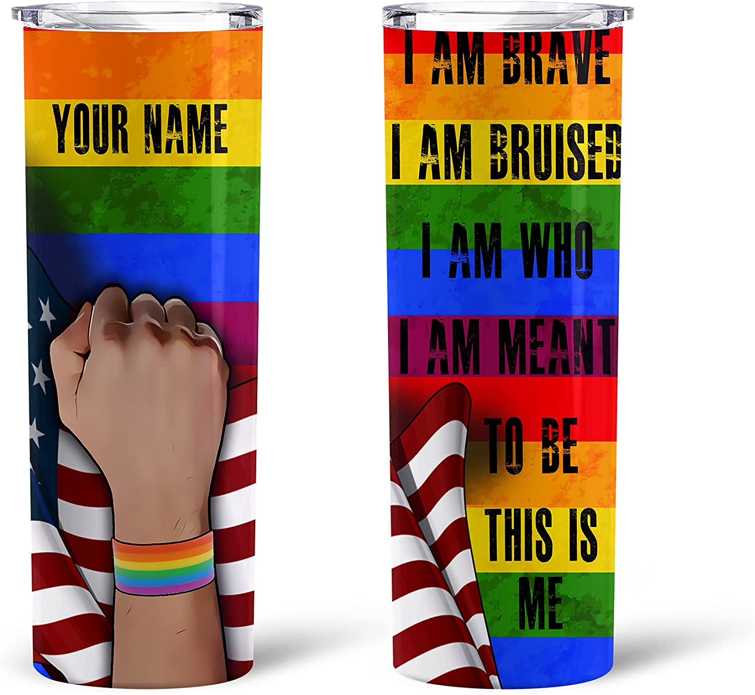 Personalized Pride Month Skinny Tumbler I Am Who I Am Meant To Be This Is Me, Gay Lesbian Bisexual Pride Skinny Tumbler Rainbow Flag