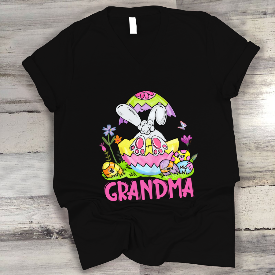 Personalized Grandma Bunny Flower Easter V-Neck