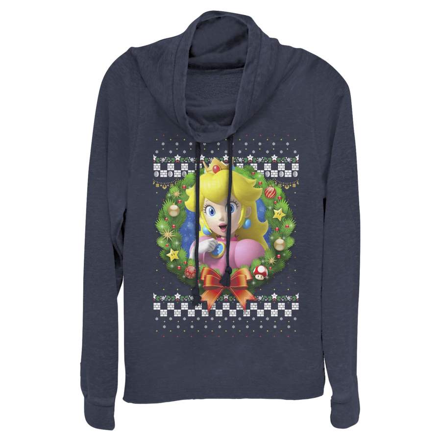 Nintendo Junior’s Christmas Peach Wreath  Cowl Neck Sweatshirt