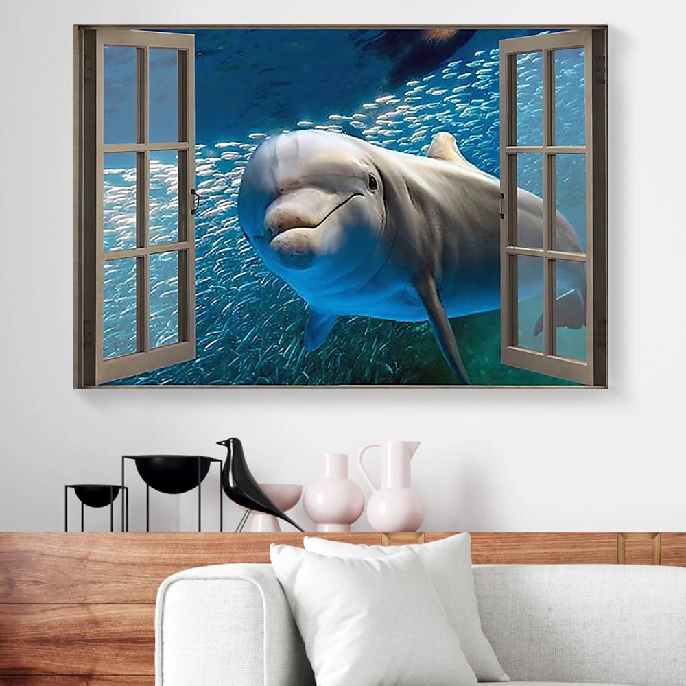 Canvas Wall Art Super Cute Dolphin Window View Horizontal Canvas Wall Art Stunning  Canvas Home Decoration