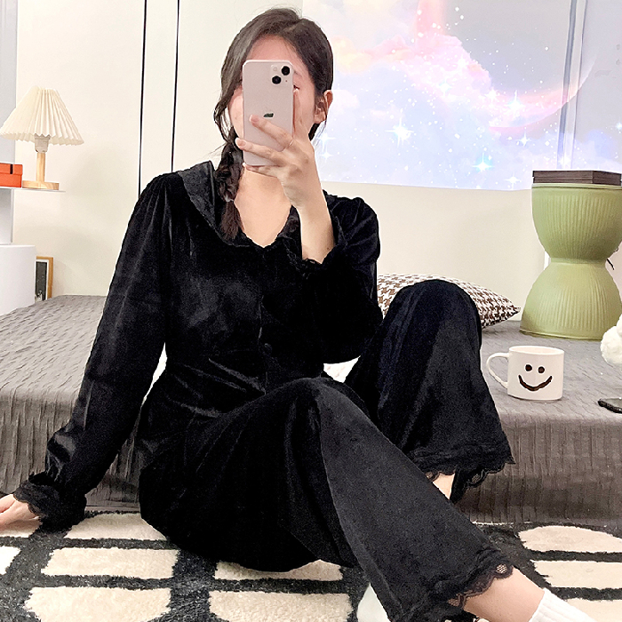 2 Piece Women Sleepwear Warm Autumn Winter Long Sleeve Gold Velvet Pajamas for Woman Fashion Sleepwear Luxurious Lace Pajama Set alx