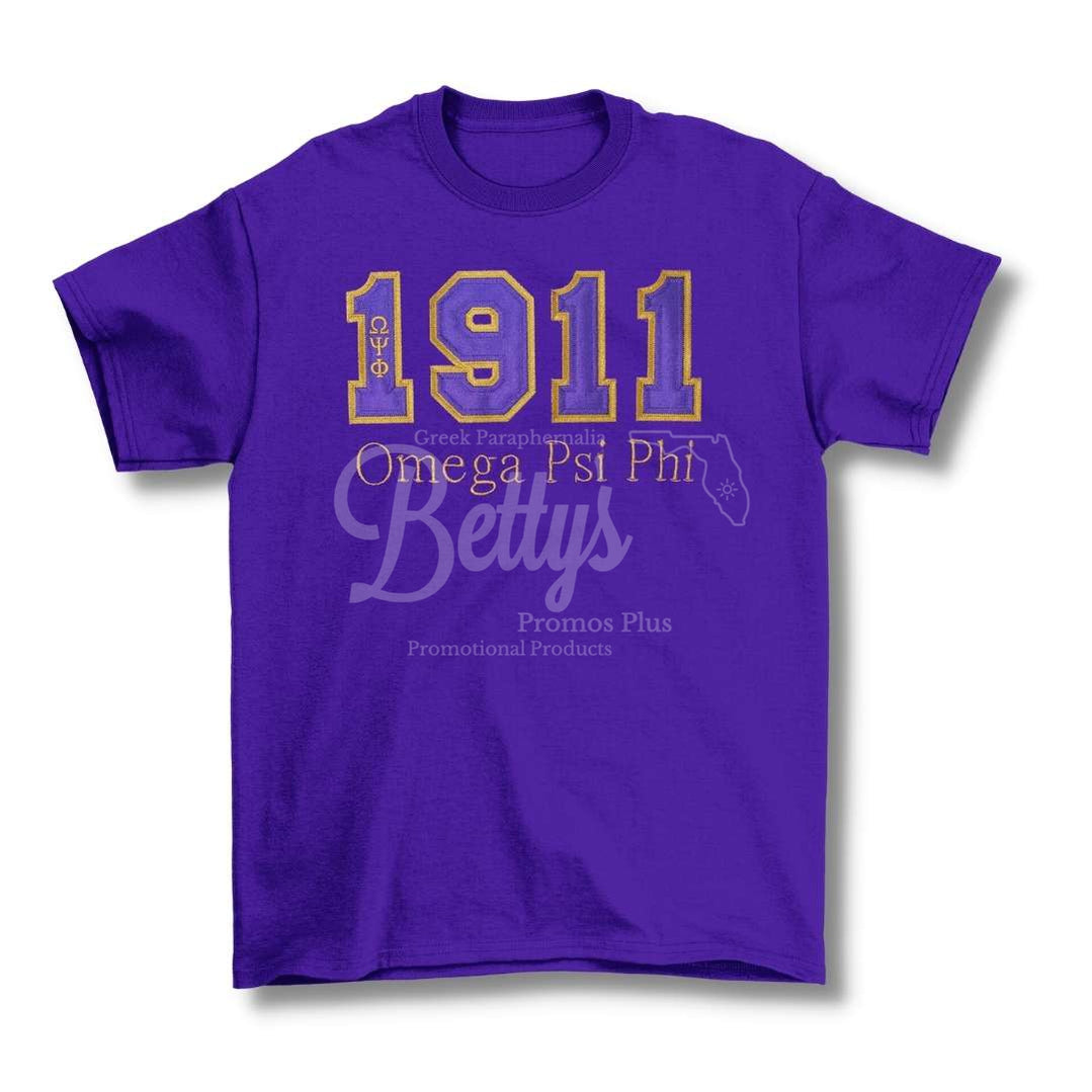 Omega Psi Phi 1911 Ωψφ Script Double Stitched Appliqué Embroidered Line T-Shirt