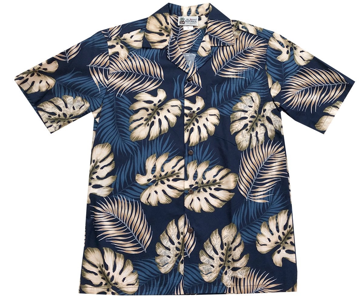 Monstera And Fern Navy Hawaii Summer Shirt Ha6887