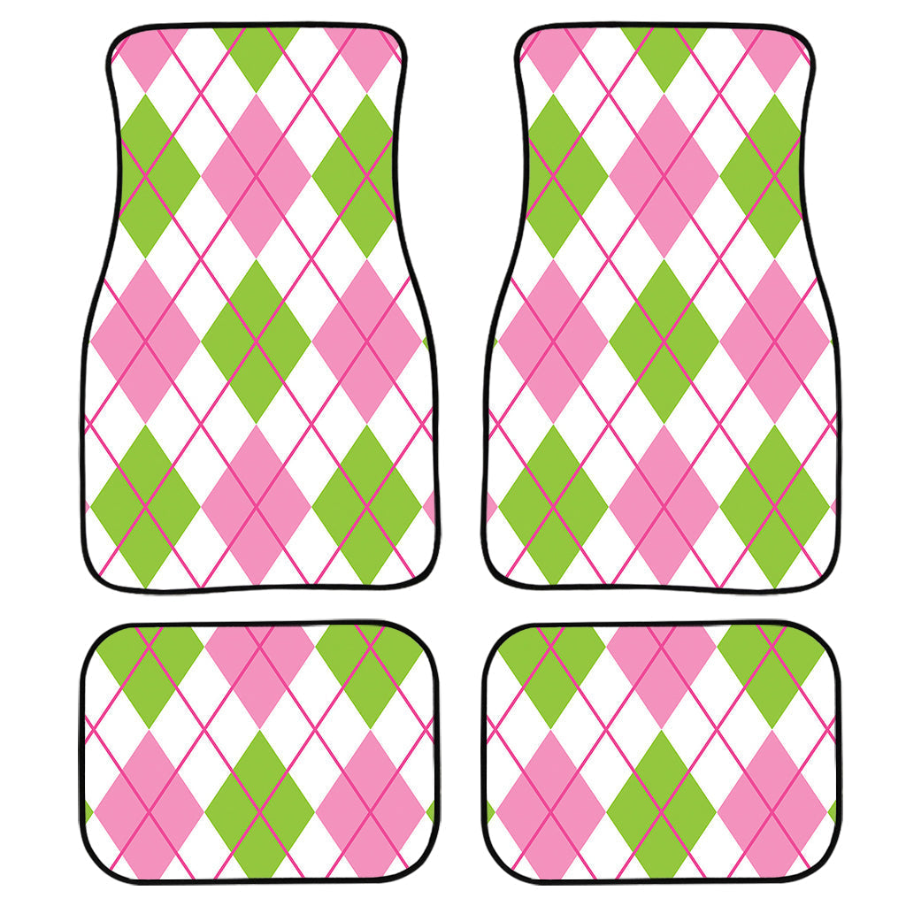 Pink Green And White Argyle Print Front And Back Car Floor Mats, Front Car Mat