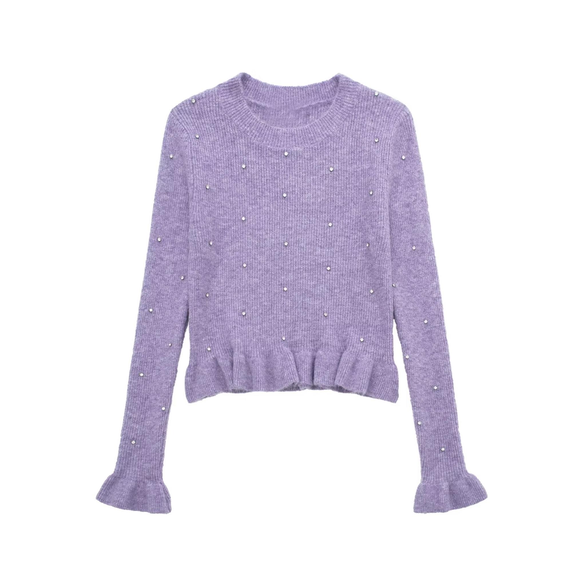 TRAF New Women Knitted Sweater 2022 Autumn Winter Warm Sweet O-neck Flare Long Sleeve Female Pullover Simple Vintage Tops alx