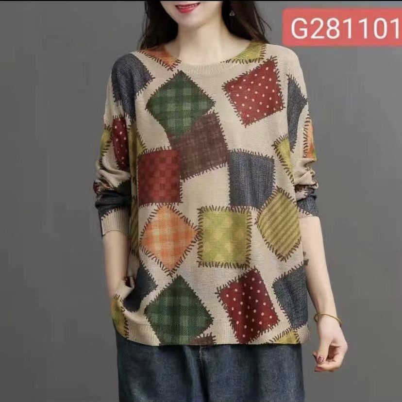 Vintage Folk Printed Loose Knitted Sweaters Autumn Winter Casual Chic Round Neck Long Sleeve Floral Jumpers Women’s Clothing alx