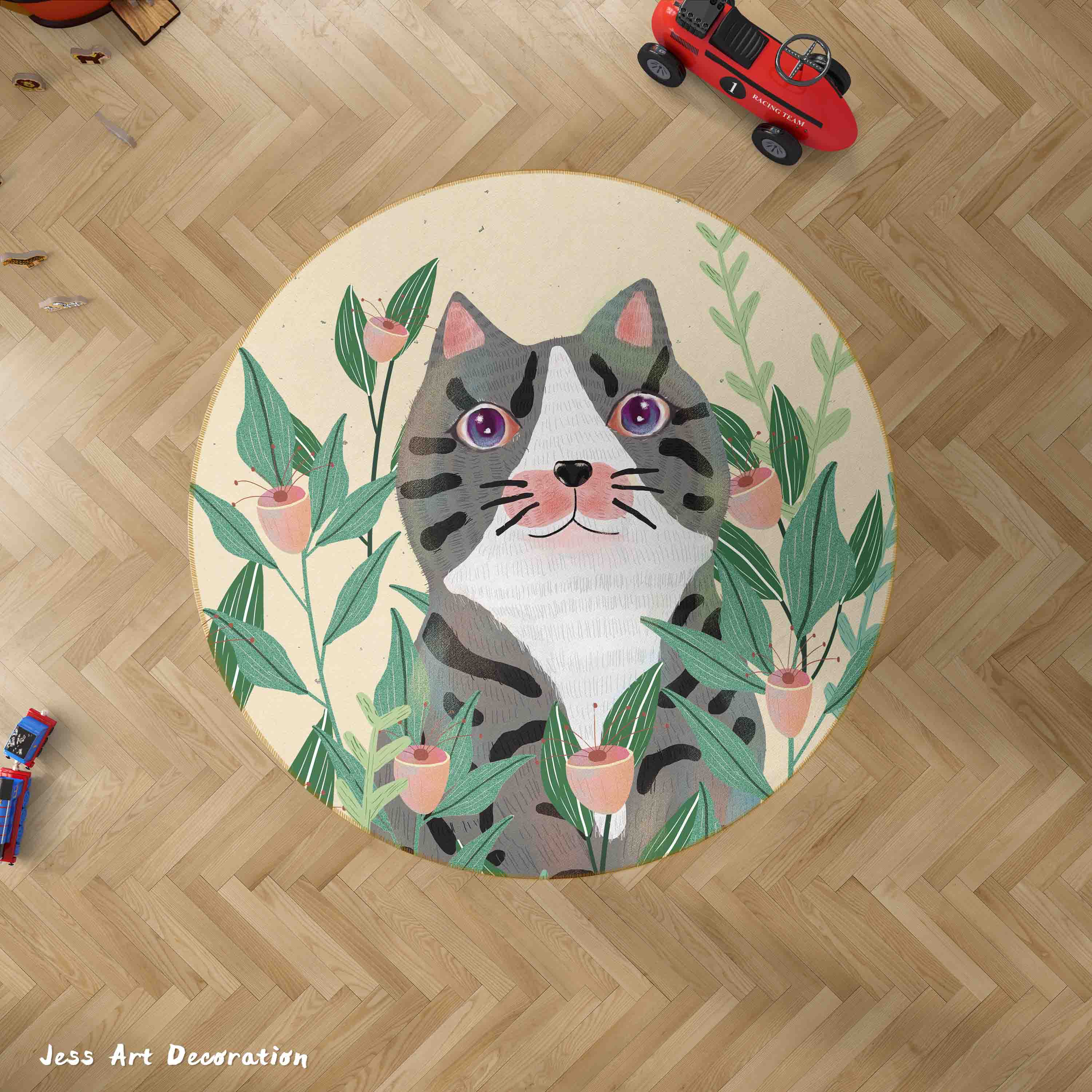 3D Cartoon Animal Cat Leaf Kids Non-Slip Round Rug Mat 17