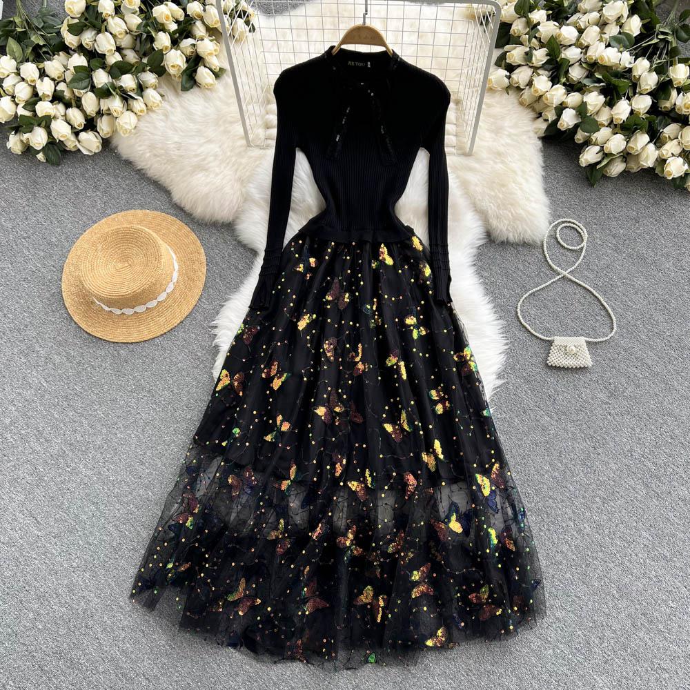 Autumn Winter Mesh Embroidery Sequins Patchwork Knitting Dress Women Casual Office Long Dress Evening Party Robe Ladies Dresses alx