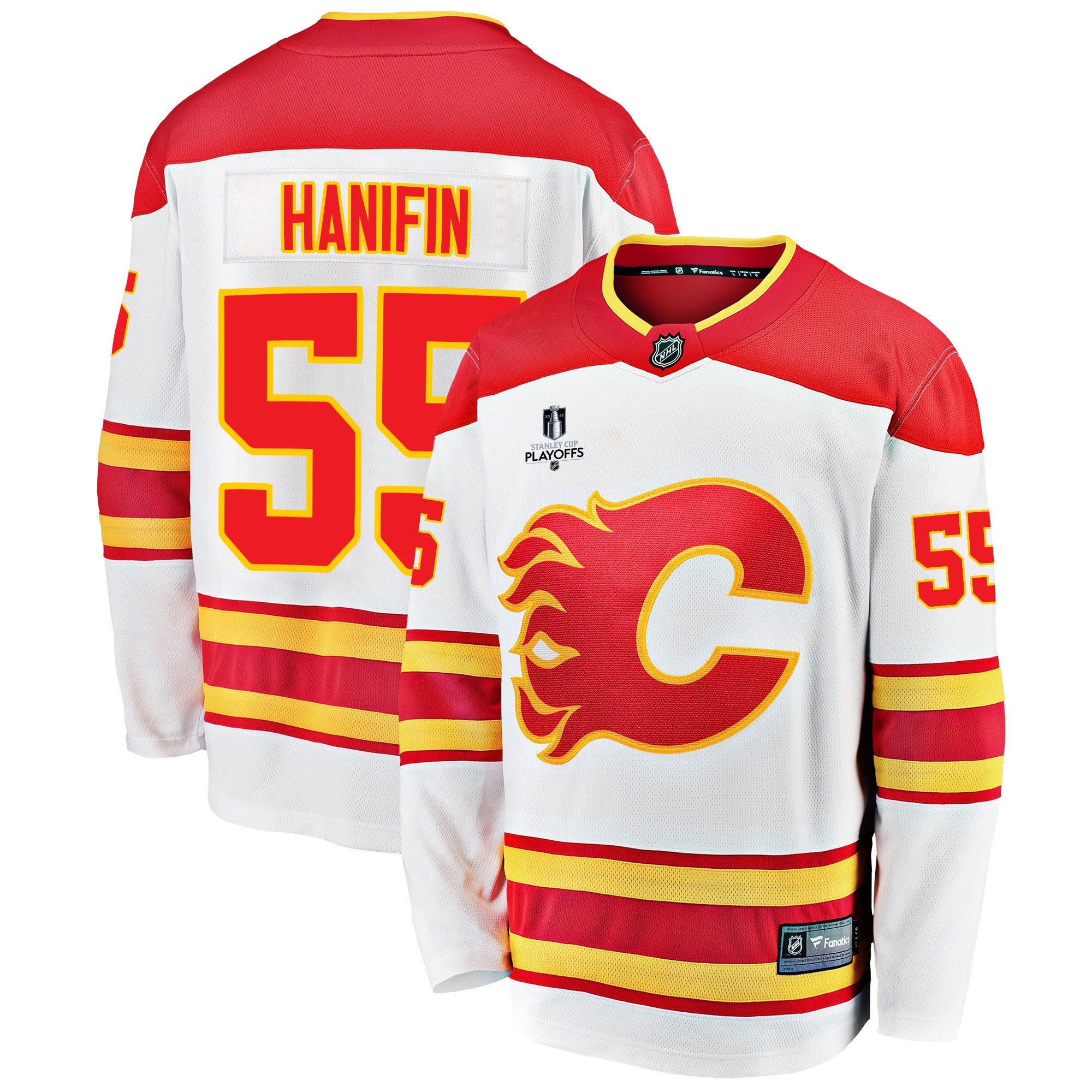 Calgary Flames Noah Hanifin 55 Away 2022 Stanley Cup Playoffs Breakaway Men Jersey – White